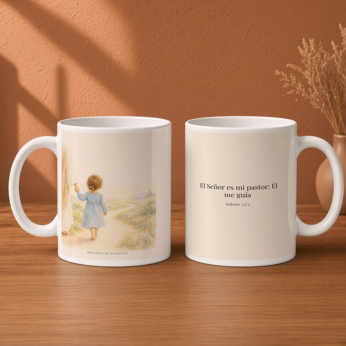 El Señor es mi pastor; Él me guía | Taza bíblica para café | Salmo 23:1 — 15oz · Desayuno terracota, arte y frase devocional en dos tazas
