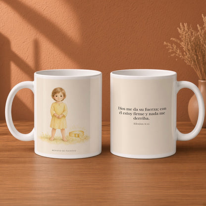 Dios me da su fuerza para estar firme | Taza cristiana en dos tamaños | Efesios 6:11 — 15oz · Desayuno terracota, arte y frase devocional en dos tazas