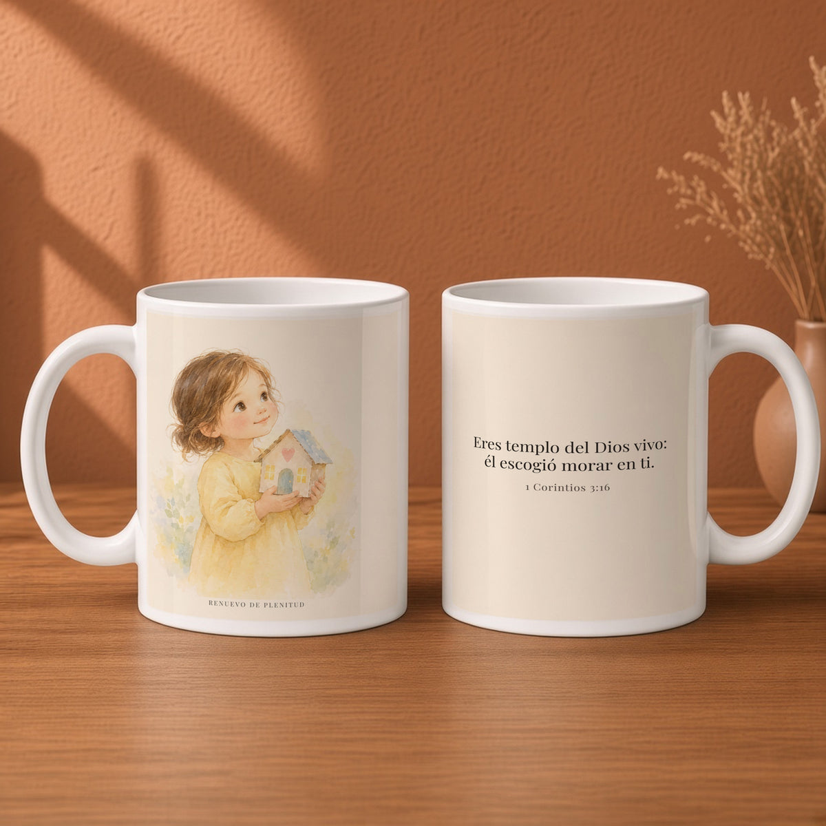 Eres templo del Dios vivo | Taza devocional ilustrada | 1 Corintios 3:16 — 15oz · Desayuno terracota, arte y frase devocional en dos tazas