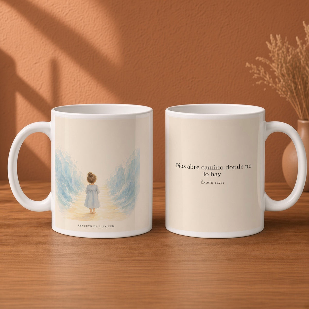 Dios abre camino donde no lo hay | Taza cristiana en dos tamaños | Éxodo 14:13 — 15oz · Desayuno terracota, arte y frase devocional en dos tazas