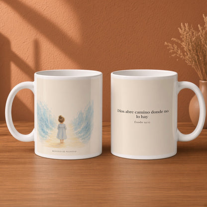 Dios abre camino donde no lo hay | Taza cristiana en dos tamaños | Éxodo 14:13 — 15oz · Desayuno terracota, arte y frase devocional en dos tazas