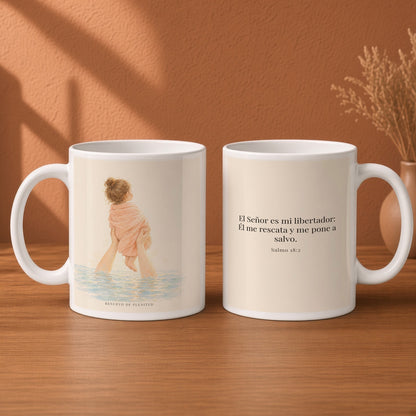 El Señor es mi libertador | Taza bíblica para café | Salmo 18:2 — 15oz · Desayuno terracota, arte y frase devocional en dos tazas