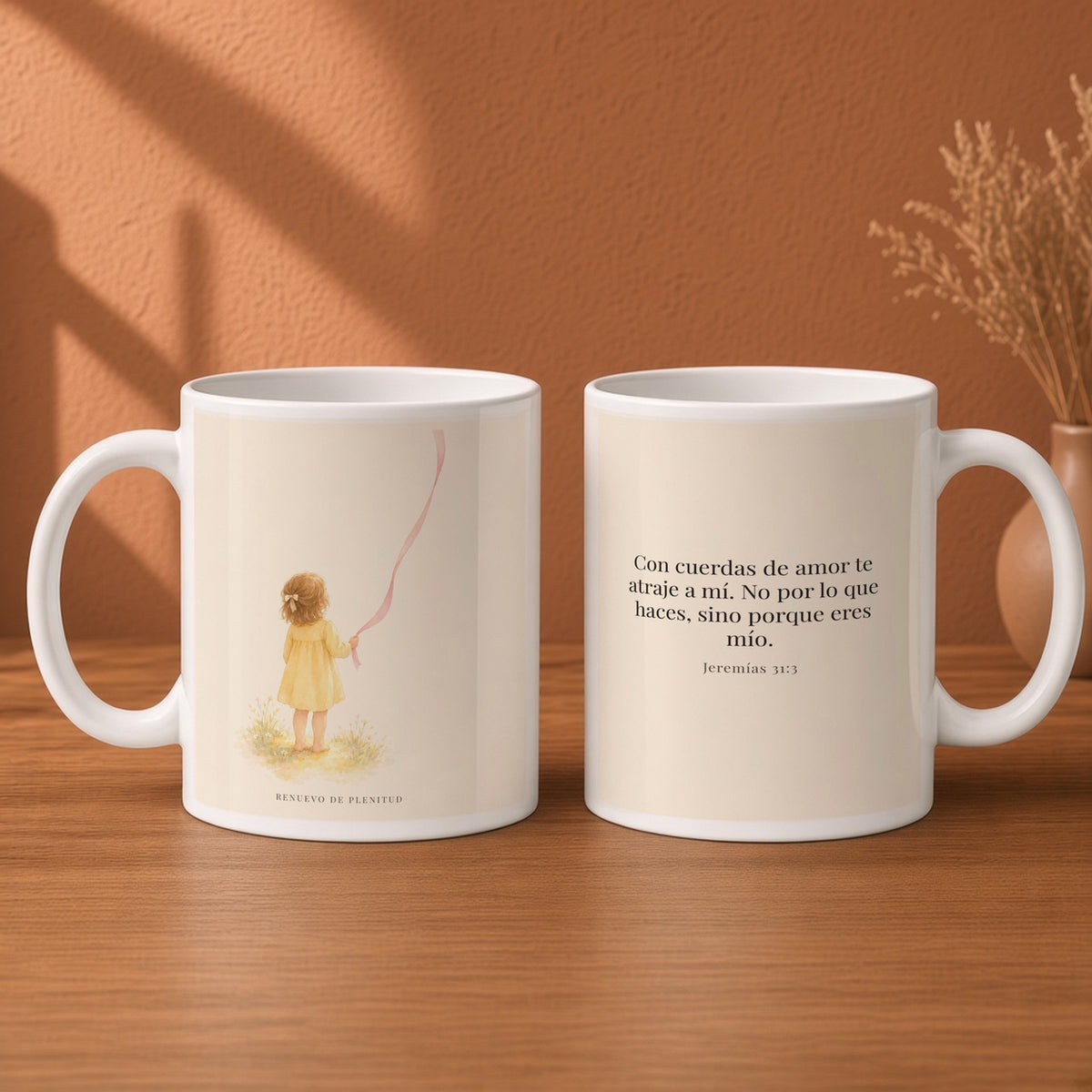 Con cuerdas de amor te atraje a mí | Taza de inspiración bíblica | Jeremías 31:3 — 15oz · Desayuno terracota, arte y frase devocional en dos tazas
