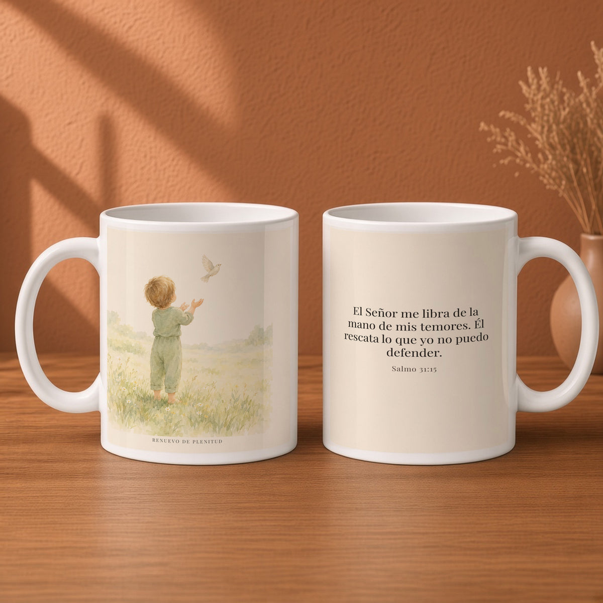 El Señor me libra de la mano de mis temores | Taza con arte cristiano | Salmo 31:15 — 15oz · Desayuno terracota, arte y frase devocional en dos tazas