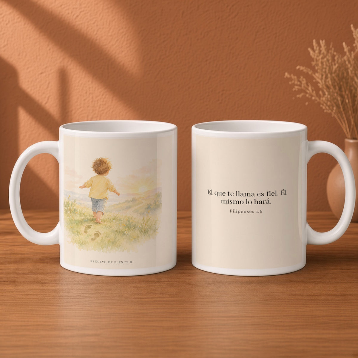 Fiel es el que os llama, el cual también lo hará | Taza con arte cristiano | Filipenses 1:6 — 15oz · Desayuno terracota, arte y frase devocional en dos tazas