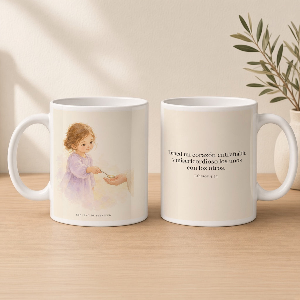 Tened un corazón entrañable | Taza bíblica de cerámica | Efesios 4:32 — 15oz · Estudio crema cálido, arte y frase devocional en dos tazas