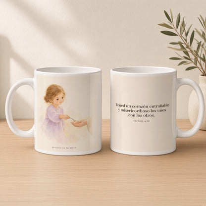 Tened un corazón entrañable | Taza bíblica de cerámica | Efesios 4:32 — 15oz · Estudio crema cálido, arte y frase devocional en dos tazas