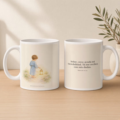 Señor, creo; ayuda mi incredulidad | Taza cristiana en dos tamaños | Marcos 9:24 — 15oz · Estudio crema cálido, arte y frase devocional en dos tazas