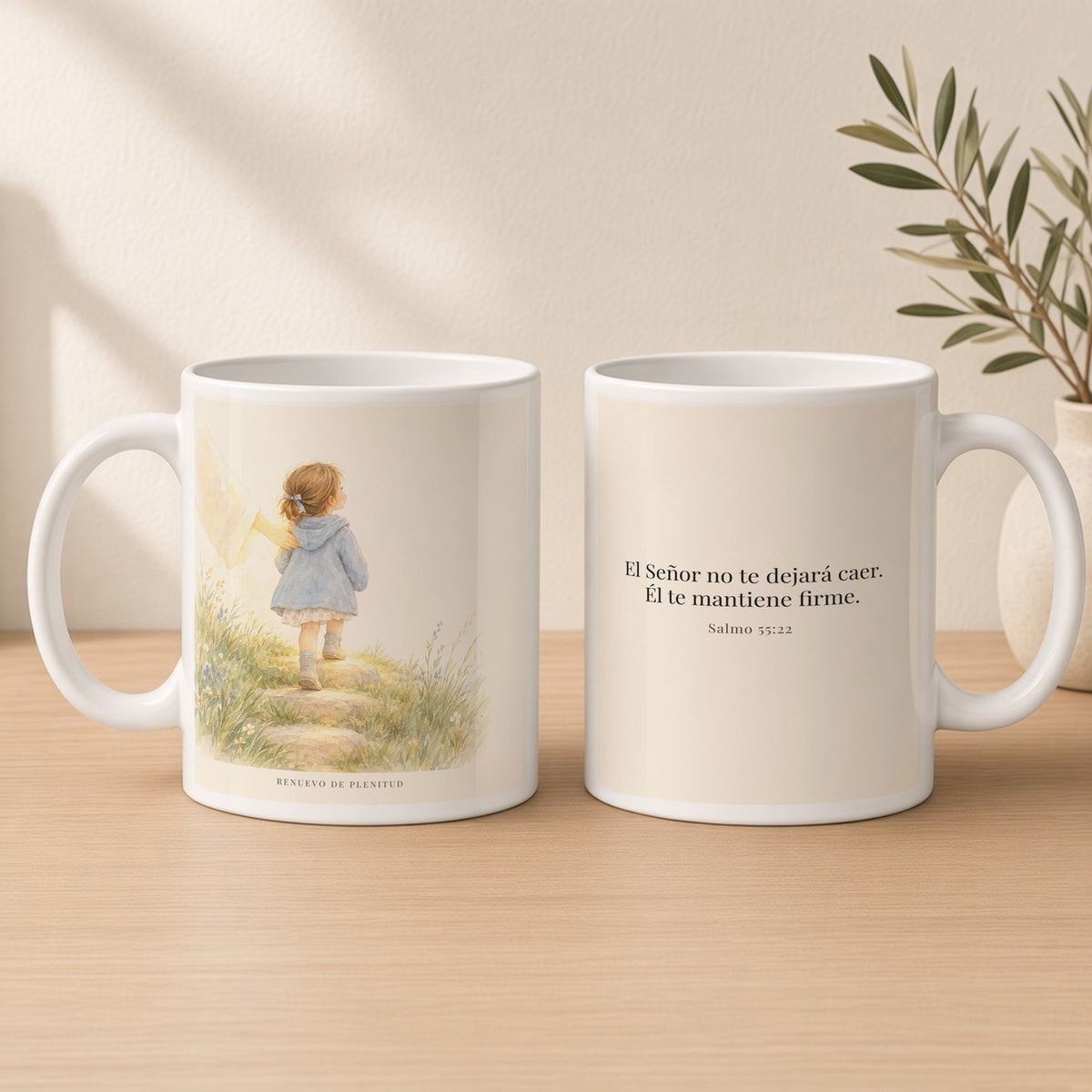 El Señor no te dejará caer | Taza devocional de fe | Salmo 55:22 — 15oz · Estudio crema cálido, arte y frase devocional en dos tazas