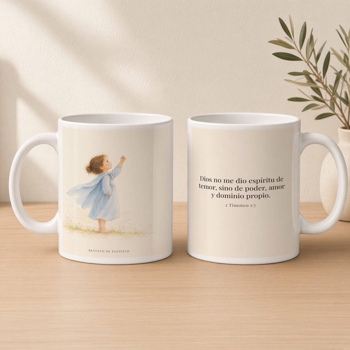 Dios me da un espíritu de poder y de amor | Taza de fe para cada mañana | 2 Timoteo 1:7 — 15oz · Estudio crema cálido, arte y frase devocional en dos tazas