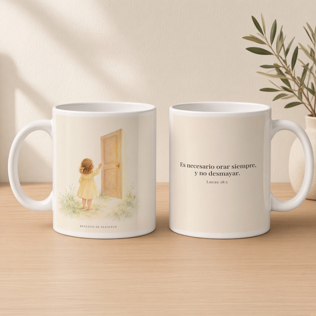 Es necesario orar siempre, y no desmayar | Taza devocional ilustrada | Lucas 18:1 — 15oz · Estudio crema cálido, arte y frase devocional en dos tazas