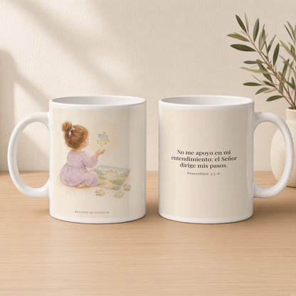 El Señor dirige mis pasos | Taza de inspiración bíblica | Proverbios 3:5-6 — 15oz · Estudio crema cálido, arte y frase devocional en dos tazas