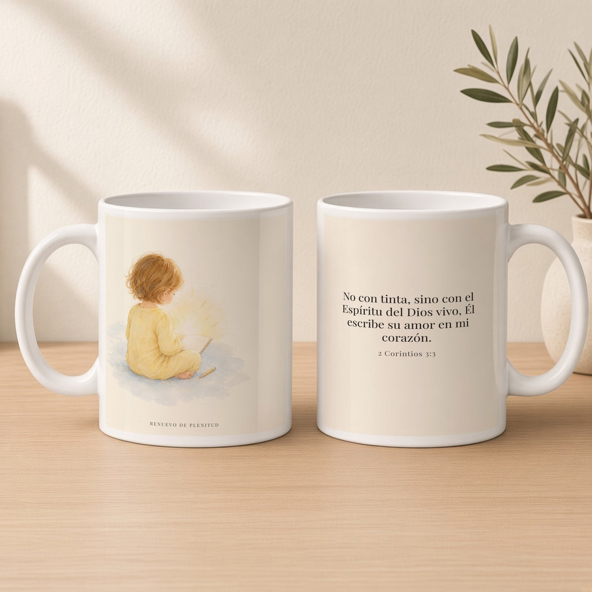 El Espíritu del Dios vivo escribe en mi corazón | Taza devocional de fe | 2 Corintios 3:3 — 15oz · Estudio crema cálido, arte y frase devocional en dos tazas