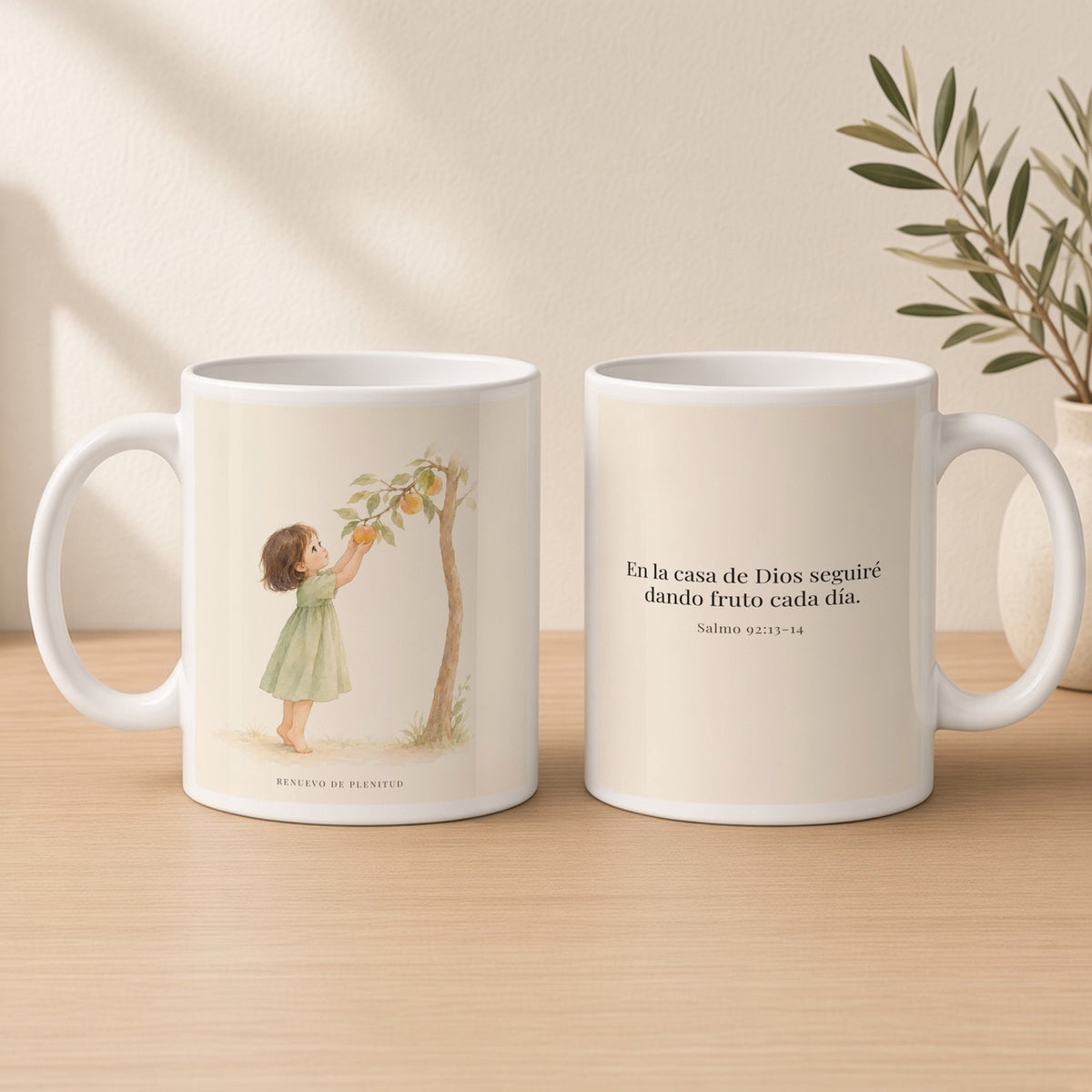 Aun en la vejez daré fruto | Taza con arte cristiano | Salmo 92:13-14 — 15oz · Estudio crema cálido, arte y frase devocional en dos tazas