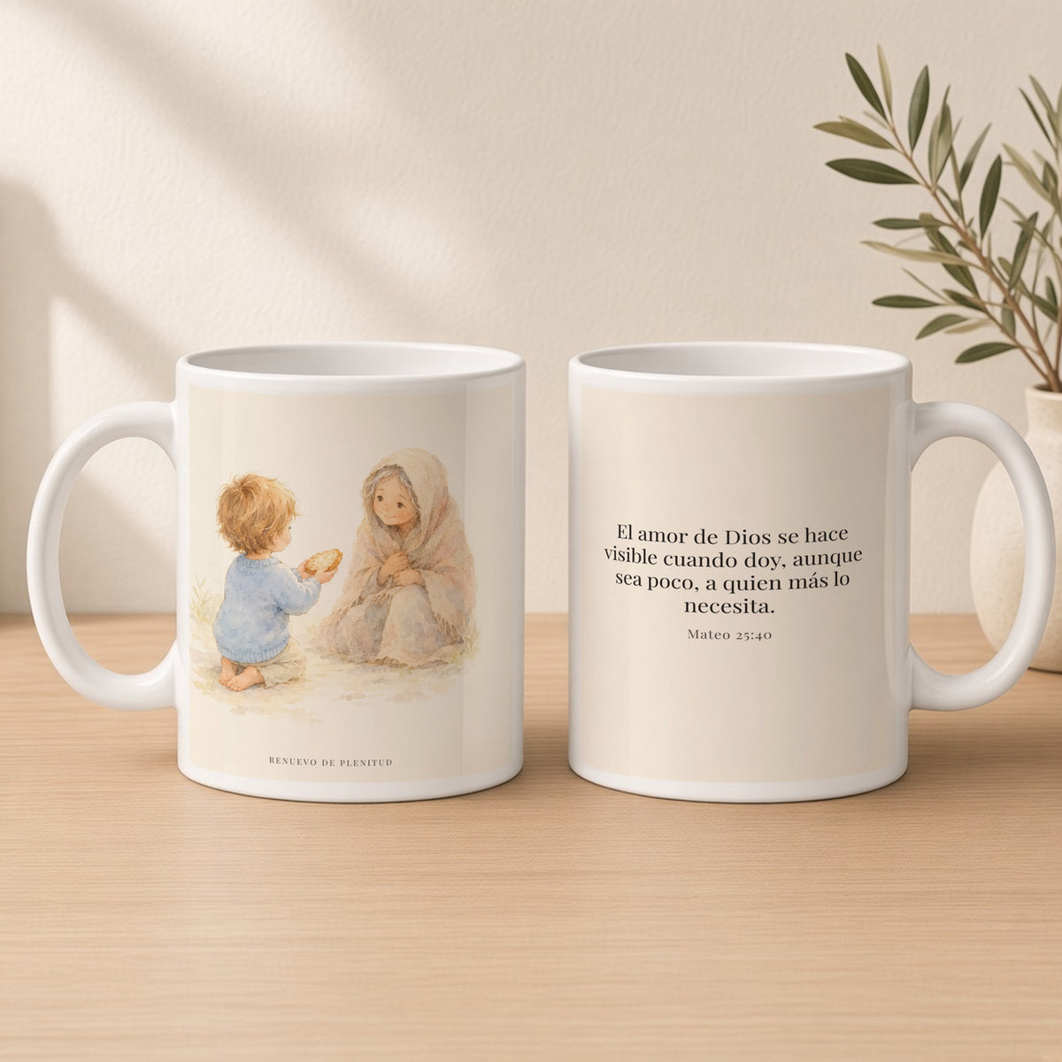 El amor de Dios se da en cosas pequeñas | Taza bíblica para café | Mateo 25:40 — 15oz · Estudio crema cálido, arte y frase devocional en dos tazas