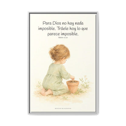 Nada hay imposible para Dios — Lienzo Cristiano Enmarcado | Mateo 17:20 — 24×36 pulgadas, marco blanco, vista frontal