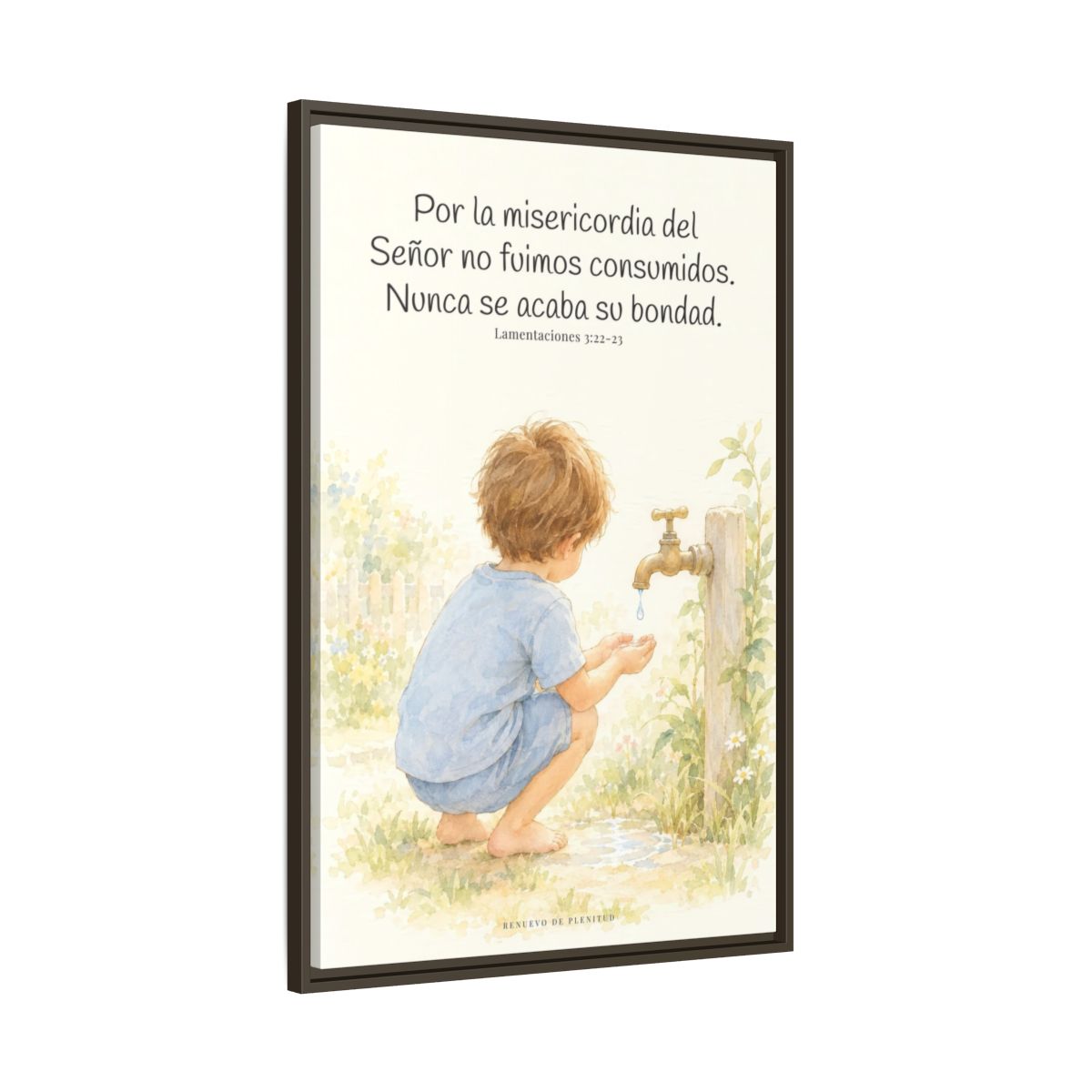 Nunca se acaba la misericordia de Dios — Lienzo Cristiano Enmarcado | Lamentaciones 3:22-23 — 24×36 pulgadas, marco espresso, vista lateral del marco flotante