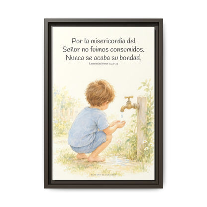 Nunca se acaba la misericordia de Dios — Lienzo Cristiano Enmarcado | Lamentaciones 3:22-23 — 12×18 pulgadas, marco espresso, vista frontal