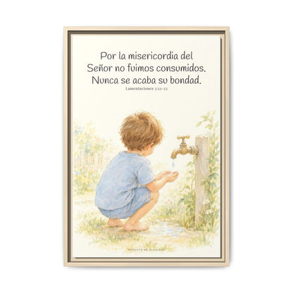 Nunca se acaba la misericordia de Dios — Lienzo Cristiano Enmarcado | Lamentaciones 3:22-23 — 16×24 pulgadas, marco natural, vista frontal