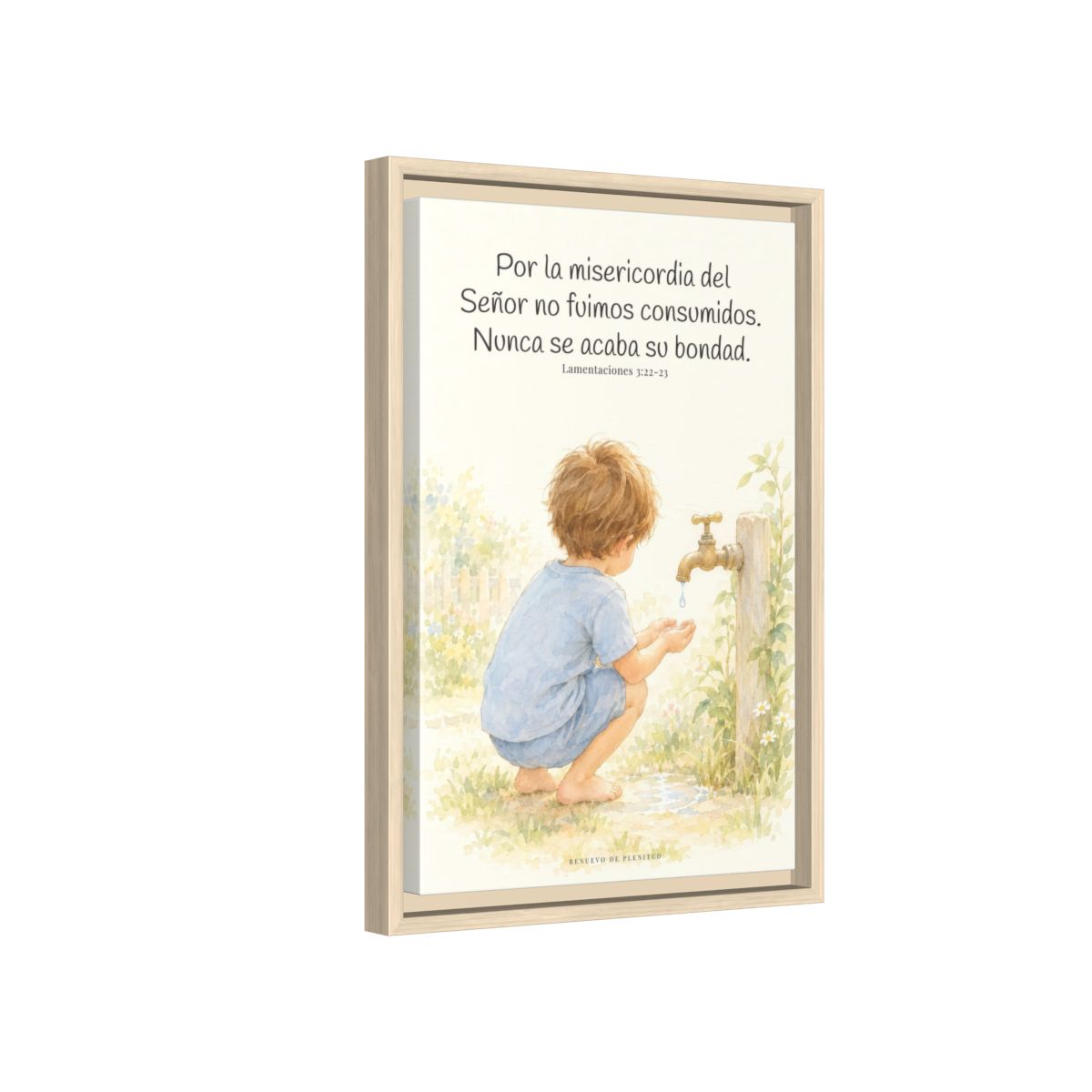 Nunca se acaba la misericordia de Dios — Lienzo Cristiano Enmarcado | Lamentaciones 3:22-23 — 12×18 pulgadas, marco natural, vista lateral del marco flotante