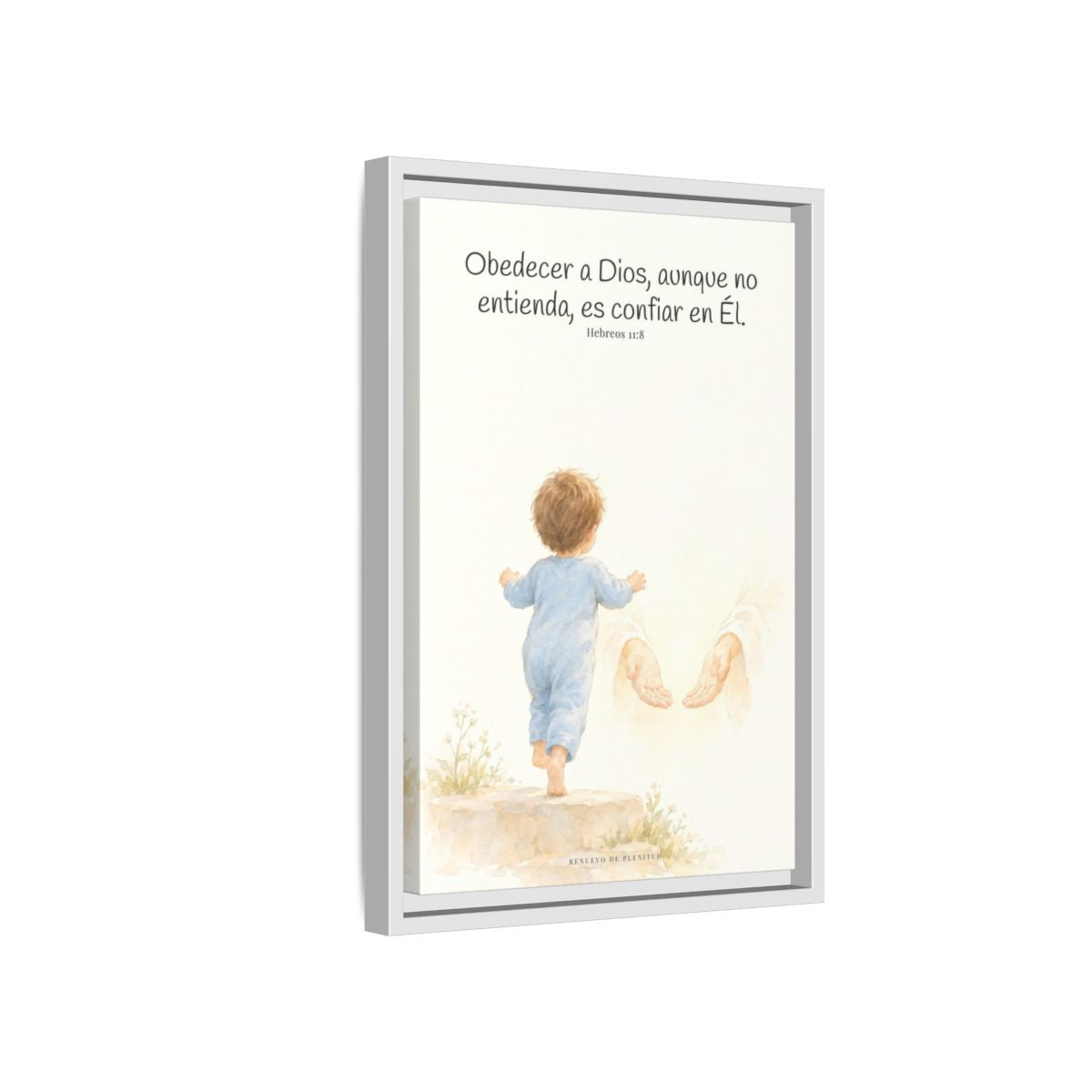 Obedecer a Dios es mi mayor valentía — Lienzo Cristiano Enmarcado | Hebreos 11:8 — 12×18 pulgadas, marco blanco, vista lateral del marco flotante