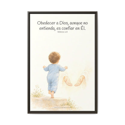 Obedecer a Dios es mi mayor valentía — Lienzo Cristiano Enmarcado | Hebreos 11:8 — 24×36 pulgadas, marco espresso, vista frontal