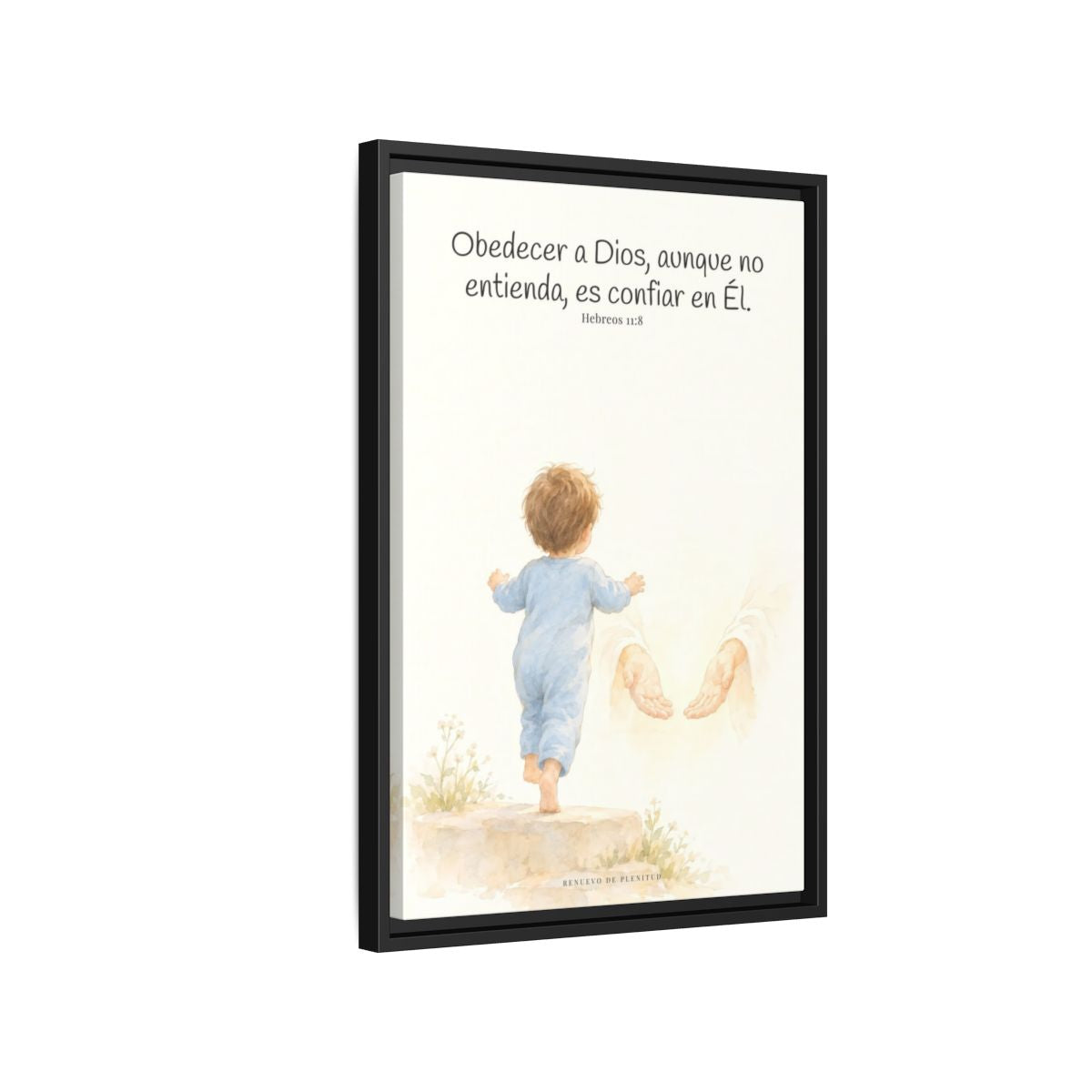 Obedecer a Dios es mi mayor valentía — Lienzo Cristiano Enmarcado | Hebreos 11:8 — 16×24 pulgadas, marco negro, vista lateral del marco flotante