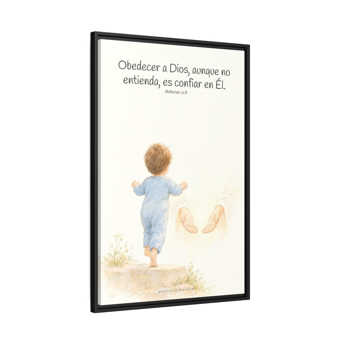 Obedecer a Dios es mi mayor valentía — Lienzo Cristiano Enmarcado | Hebreos 11:8 — 24×36 pulgadas, marco negro, vista lateral del marco flotante