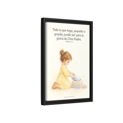 Para la gloria de Dios Padre — Lienzo Cristiano Enmarcado | Filipenses 2:11 — 12×18 pulgadas, marco negro, vista lateral del marco flotante