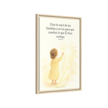 Para que anuncies las maravillas de Dios — Lienzo Cristiano Enmarcado | 1 Pedro 2:9 — 16×24 pulgadas, marco natural, vista lateral del marco flotante