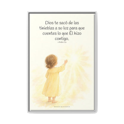 Para que anuncies las maravillas de Dios — Lienzo Cristiano Enmarcado | 1 Pedro 2:9 — 24×36 pulgadas, marco blanco, vista frontal