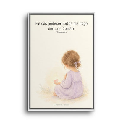 Participar de sus padecimientos me acerca a Él | Arte bíblico para pared | Filipenses 3:10 — 24×36 pulgadas, marco blanco, vista frontal