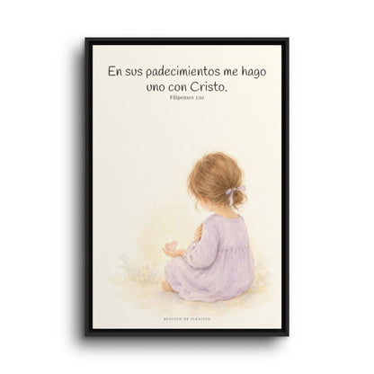 Participar de sus padecimientos me acerca a Él | Arte bíblico para pared | Filipenses 3:10 — 24×36 pulgadas, marco negro, vista frontal