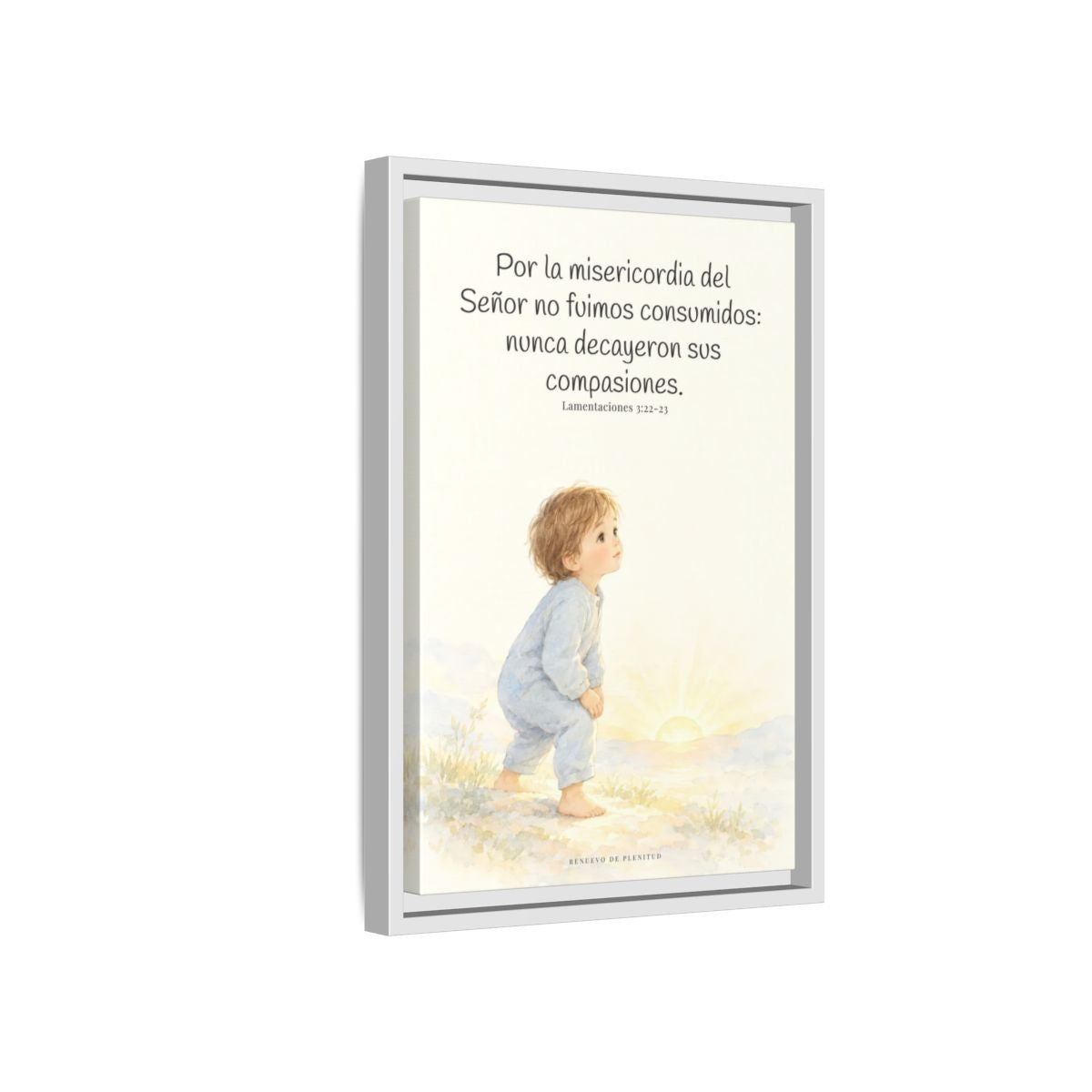 Por la misericordia de Jehová no fuimos consumidos — Lienzo Cristiano Enmarcado | Lamentaciones 3:22-23 — 12×18 pulgadas, marco blanco, vista lateral del marco flotante