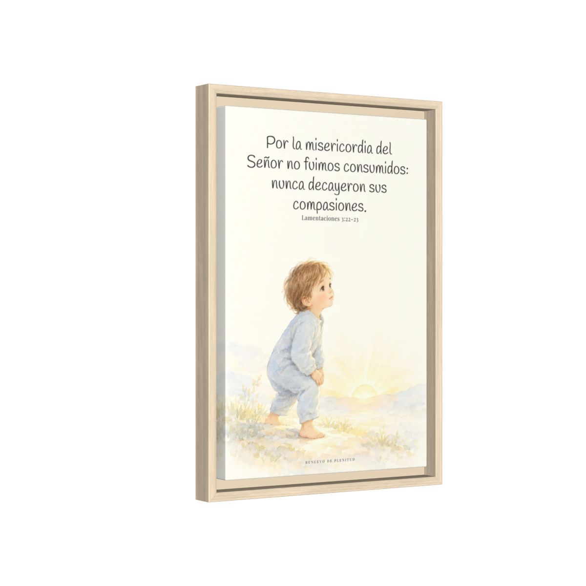Por la misericordia de Jehová no fuimos consumidos — Lienzo Cristiano Enmarcado | Lamentaciones 3:22-23 — 12×18 pulgadas, marco natural, vista lateral del marco flotante