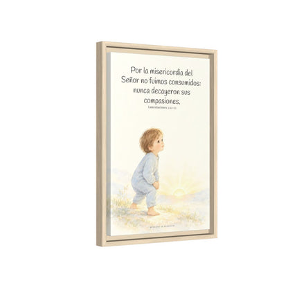 Por la misericordia de Jehová no fuimos consumidos — Lienzo Cristiano Enmarcado | Lamentaciones 3:22-23 — 12×18 pulgadas, marco natural, vista lateral del marco flotante