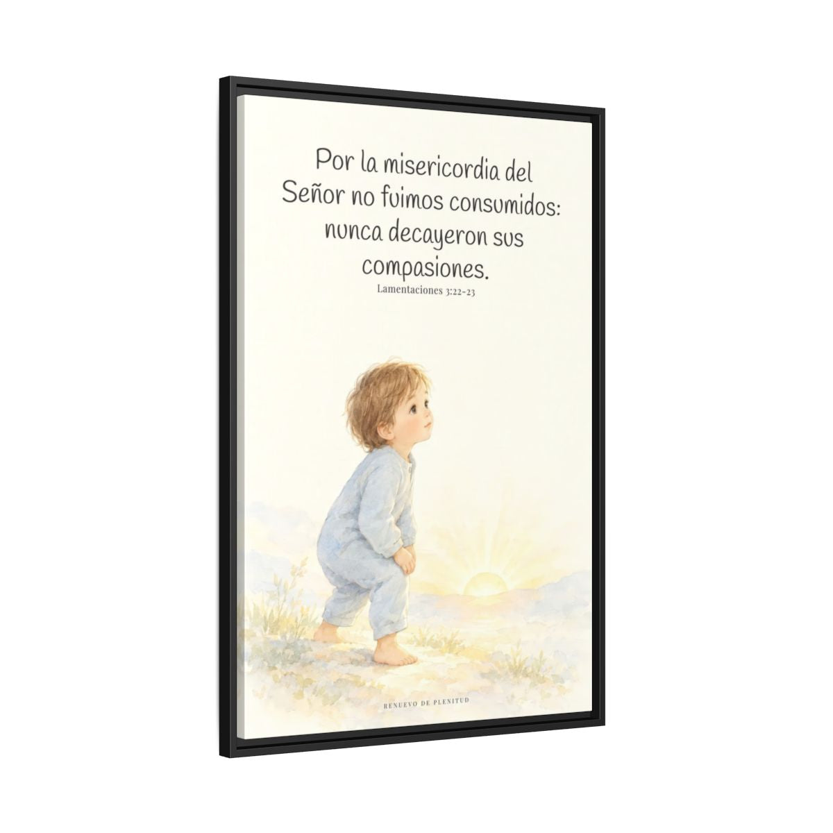 Por la misericordia de Jehová no fuimos consumidos — Lienzo Cristiano Enmarcado | Lamentaciones 3:22-23 — 24×36 pulgadas, marco negro, vista lateral del marco flotante