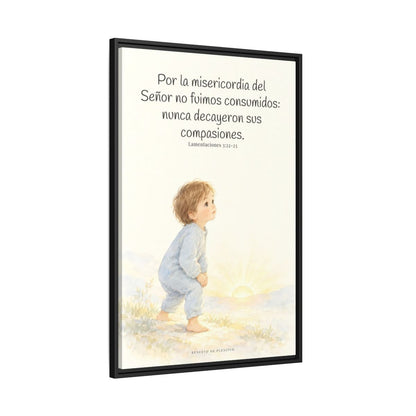 Por la misericordia de Jehová no fuimos consumidos — Lienzo Cristiano Enmarcado | Lamentaciones 3:22-23 — 24×36 pulgadas, marco negro, vista lateral del marco flotante