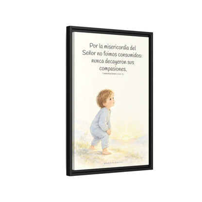 Por la misericordia de Jehová no fuimos consumidos — Lienzo Cristiano Enmarcado | Lamentaciones 3:22-23 — 16×24 pulgadas, marco negro, vista lateral del marco flotante