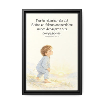 Por la misericordia de Jehová no fuimos consumidos — Lienzo Cristiano Enmarcado | Lamentaciones 3:22-23 — 12×18 pulgadas, marco negro, vista frontal