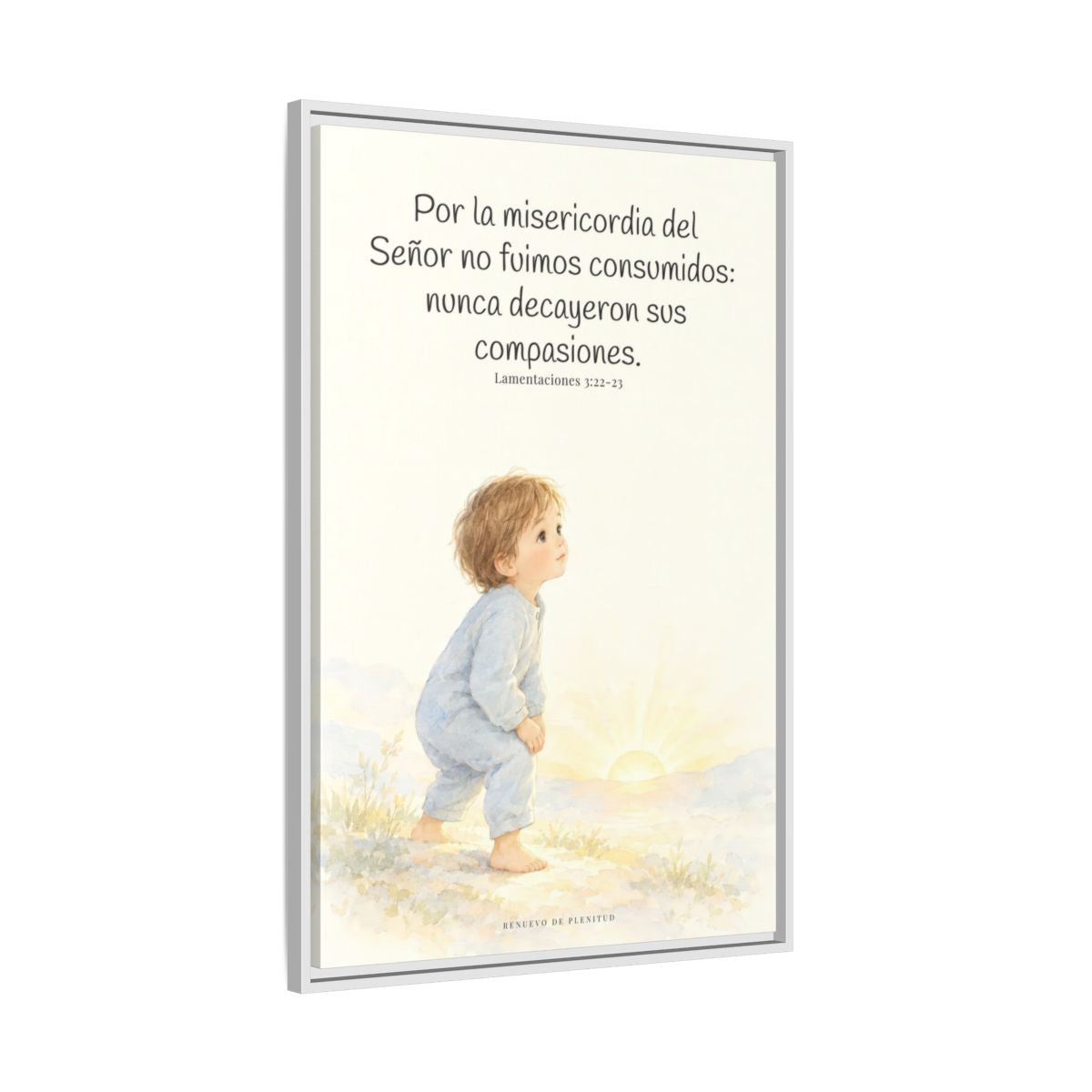 Por la misericordia de Jehová no fuimos consumidos — Lienzo Cristiano Enmarcado | Lamentaciones 3:22-23 — 24×36 pulgadas, marco blanco, vista lateral del marco flotante