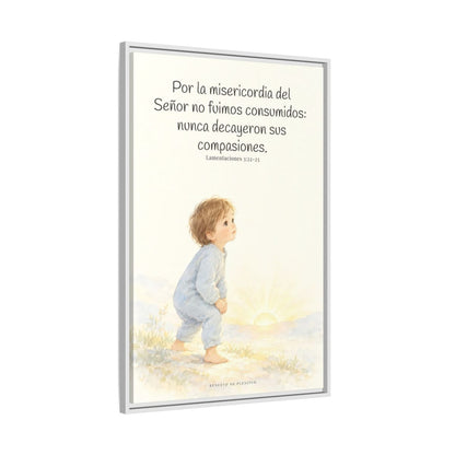Por la misericordia de Jehová no fuimos consumidos — Lienzo Cristiano Enmarcado | Lamentaciones 3:22-23 — 24×36 pulgadas, marco blanco, vista lateral del marco flotante