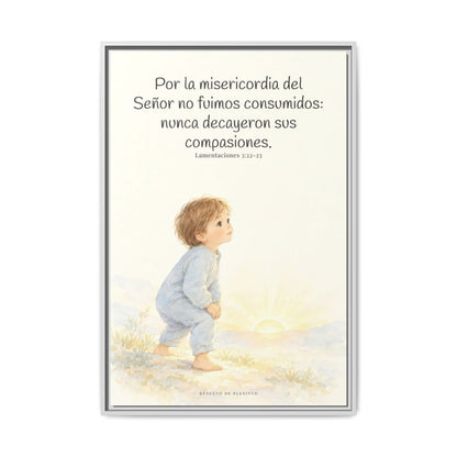 Por la misericordia de Jehová no fuimos consumidos — Lienzo Cristiano Enmarcado | Lamentaciones 3:22-23 — 24×36 pulgadas, marco blanco, vista frontal