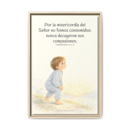 Por la misericordia de Jehová no fuimos consumidos — Lienzo Cristiano Enmarcado | Lamentaciones 3:22-23 — 16×24 pulgadas, marco natural, vista frontal