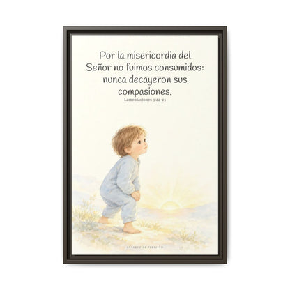 Por la misericordia de Jehová no fuimos consumidos — Lienzo Cristiano Enmarcado | Lamentaciones 3:22-23 — 16×24 pulgadas, marco espresso, vista frontal