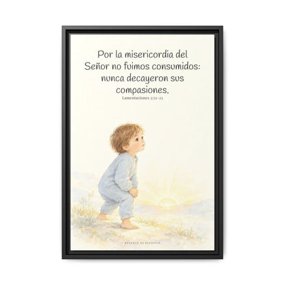 Por la misericordia de Jehová no fuimos consumidos — Lienzo Cristiano Enmarcado | Lamentaciones 3:22-23 — 16×24 pulgadas, marco negro, vista frontal