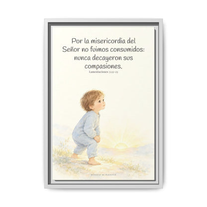 Por la misericordia de Jehová no fuimos consumidos — Lienzo Cristiano Enmarcado | Lamentaciones 3:22-23 — 12×18 pulgadas, marco blanco, vista frontal