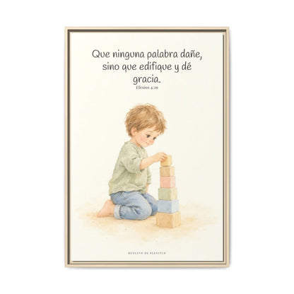 Que mis labios edifiquen — Lienzo Cristiano Enmarcado | Efesios 4:29 — 24×36 pulgadas, marco natural, vista frontal