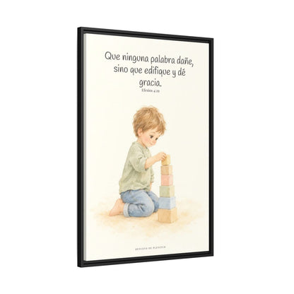 Que mis labios edifiquen — Lienzo Cristiano Enmarcado | Efesios 4:29 — 24×36 pulgadas, marco negro, vista lateral del marco flotante