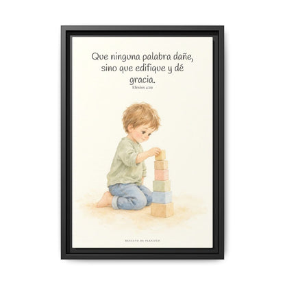 Que mis labios edifiquen — Lienzo Cristiano Enmarcado | Efesios 4:29 — 12×18 pulgadas, marco negro, vista frontal